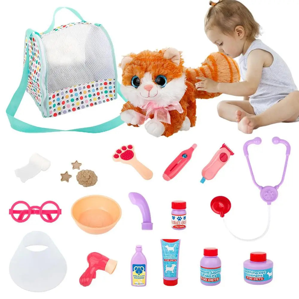 Pet Care Play Set Doctor Kit Kids Doctor Pretend Play Vet Cat Grooming Toys Puppy Dog Carrier Feeding Cat Backpack