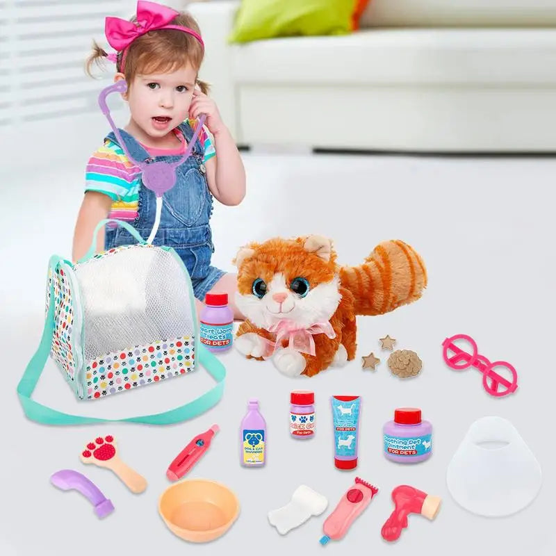 Pet Care Play Set Doctor Kit Kids Doctor Pretend Play Vet Cat Grooming Toys Puppy Dog Carrier Feeding Cat Backpack