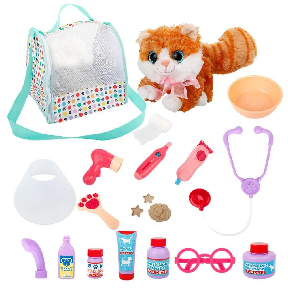 Pet Care Play Set Doctor Kit Kids Doctor Pretend Play Vet Cat Grooming Toys Puppy Dog Carrier Feeding Cat Backpack