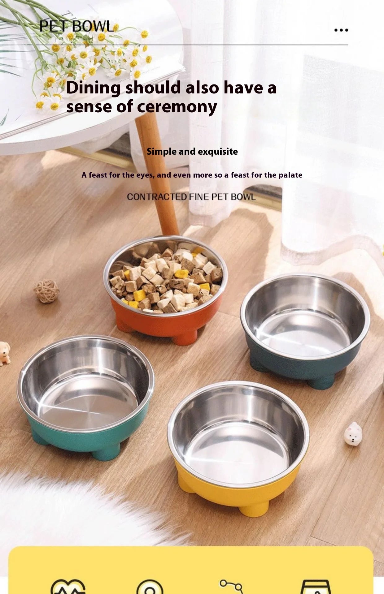 Pet Food Bowl Stainless Steel - Non-Slip Base & Safe Smooth Edge, Hygienic Detachable Design for Cats and Dogs