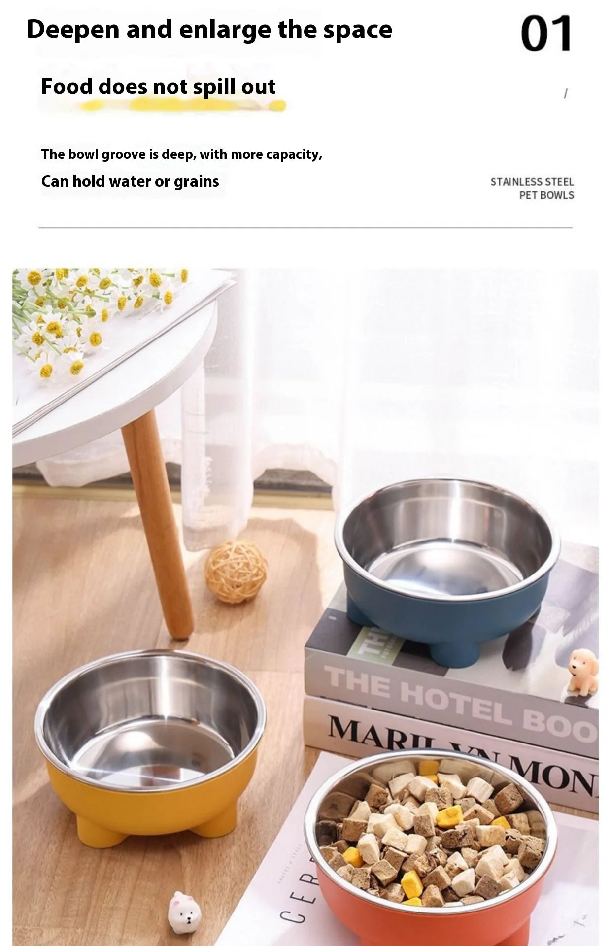 Pet Food Bowl Stainless Steel - Non-Slip Base & Safe Smooth Edge, Hygienic Detachable Design for Cats and Dogs