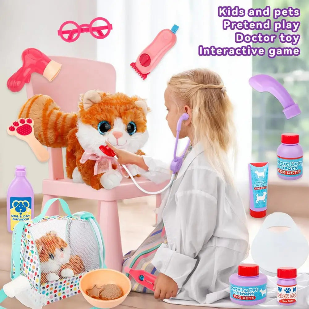 Pet Care Play Set Doctor Kit Kids Doctor Pretend Play Vet Cat Grooming Toys Puppy Dog Carrier Feeding Cat Backpack