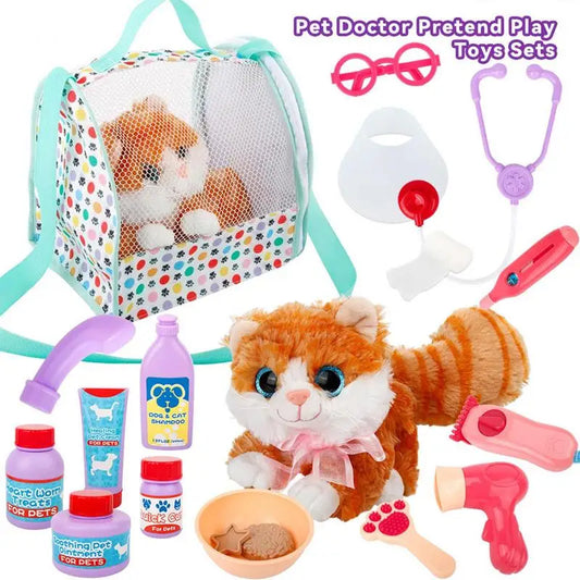 Pet Care Play Set Doctor Kit Kids Doctor Pretend Play Vet Cat Grooming Toys Puppy Dog Carrier Feeding Cat Backpack