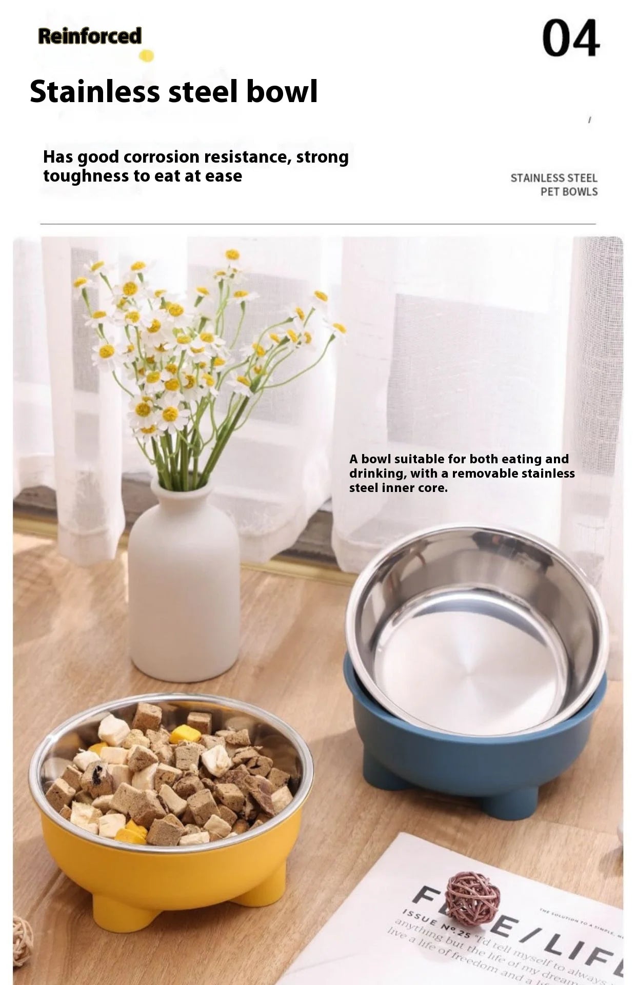 Pet Food Bowl Stainless Steel - Non-Slip Base & Safe Smooth Edge, Hygienic Detachable Design for Cats and Dogs