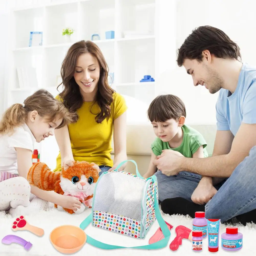 Pet Care Play Set Doctor Kit Kids Doctor Pretend Play Vet Cat Grooming Toys Puppy Dog Carrier Feeding Cat Backpack