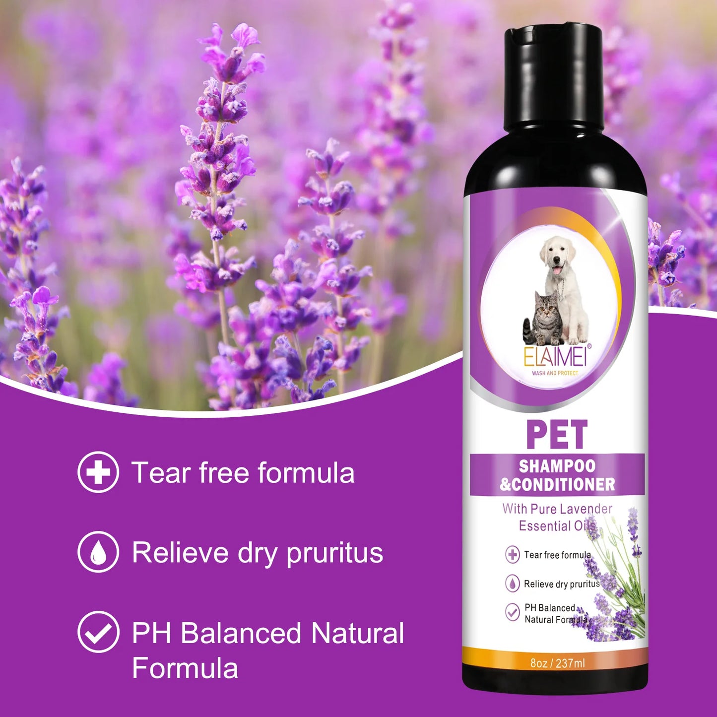 Pet shampoo for dogs, designed to remove stains, care for hair, relieve dryness and itching, eliminate body odor, and nourish th