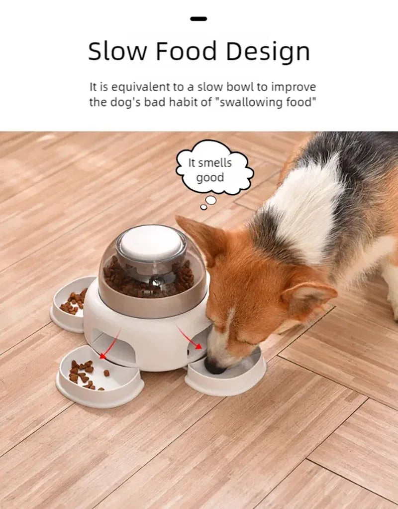 Three bowls of pet food dispenser, automatic press feeder, slow food dispenser, fun pet food utensils