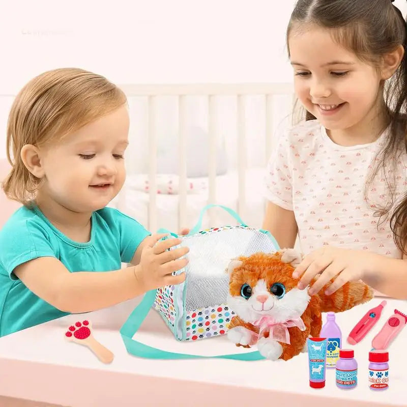 Pet Care Play Set Doctor Kit Kids Doctor Pretend Play Vet Cat Grooming Toys Puppy Dog Carrier Feeding Cat Backpack